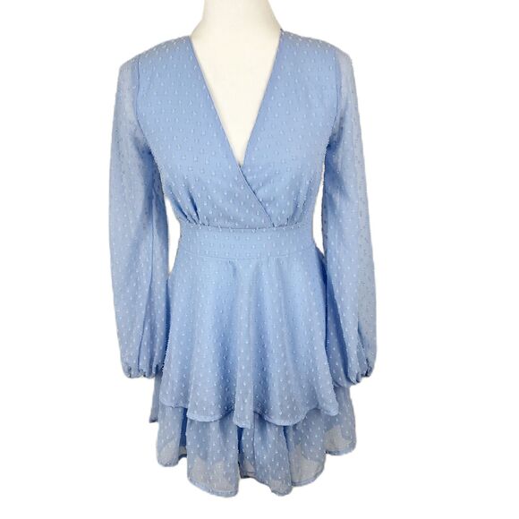 Japna Dress Women Small Blue Tufted Fit Flare Mini Long Balloon Sleeve Surplice - Picture 1 of 11